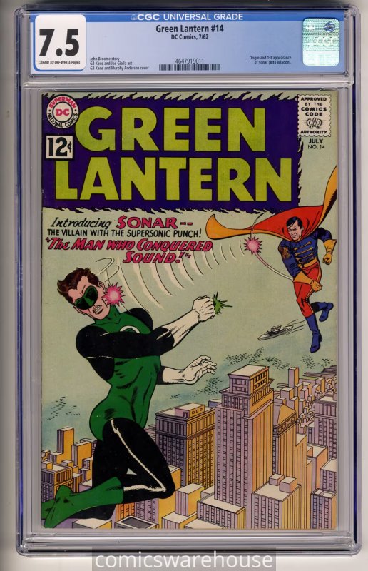 Green Lantern #14 (DC Comics, 1962), CGC 7.5 graded comic book, Universal Blue label — front cover in its holder