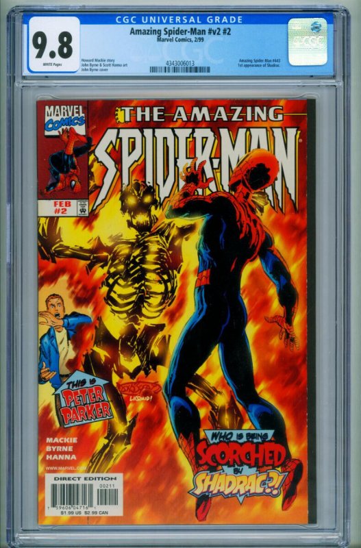 Amazing Spider-Man #2 (Marvel Comics, 1999), CGC 9.8 graded comic book, Universal Blue label — front cover in its holder