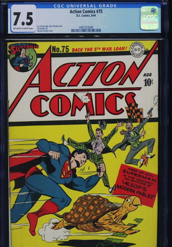 Action Comics #75 (DC Comics), CGC 7.5 graded comic book, Universal Blue label — front cover in its holder