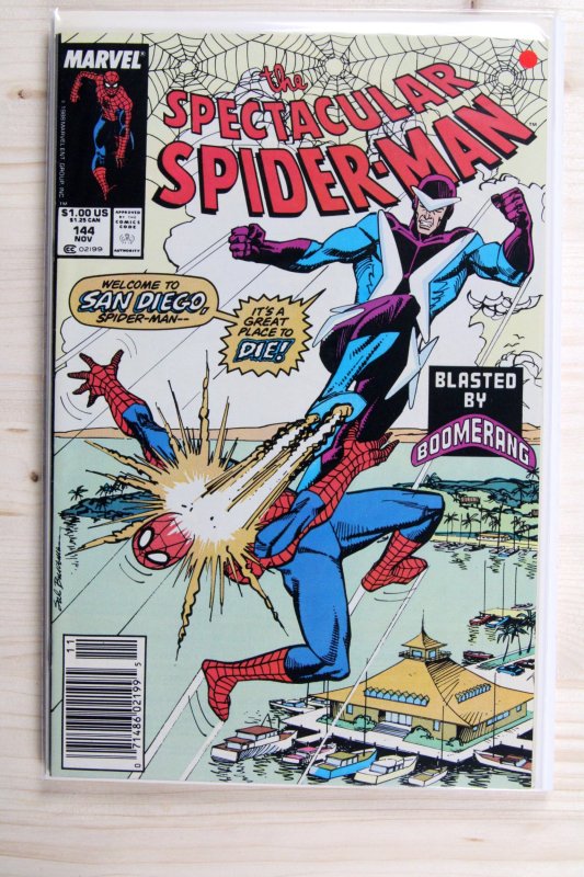The Spectacular Spider-Man #144 (Marvel Comics, 1988), raw comic book in VF+ 8.5 condition — front cover