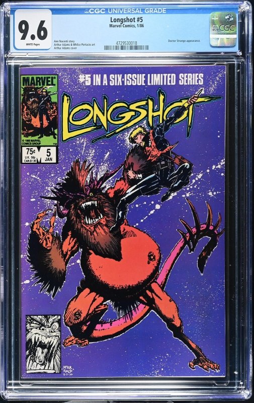 Longshot #5 (Marvel Comics, 1986), CGC 9.6 graded comic book, Universal Blue label — front cover in its holder