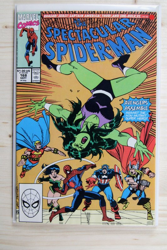 The Spectacular Spider-Man #168 (Marvel Comics, 1990), raw comic book in VF/NM 9.0 condition — front cover