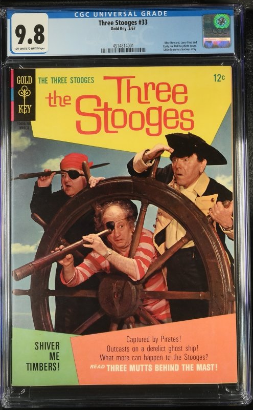 Three Stooges #33 (Gold Key Comics), CGC 9.8 graded comic book, Universal Blue label — front cover in its holder