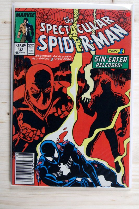 The Spectacular Spider-Man #134 (Marvel Comics, 1988), raw comic book in VF+ 8.5 condition — front cover