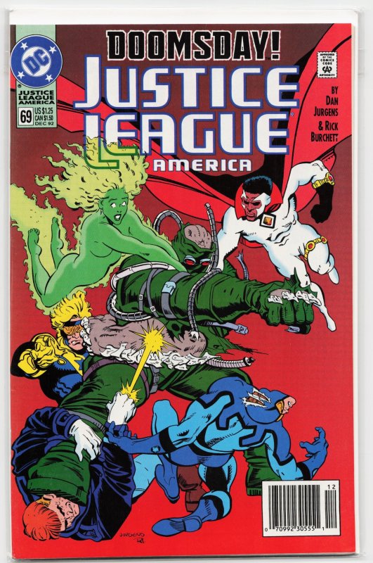 Justice League America #69 (DC Comics, 1992), raw, ungraded comic book — front cover
