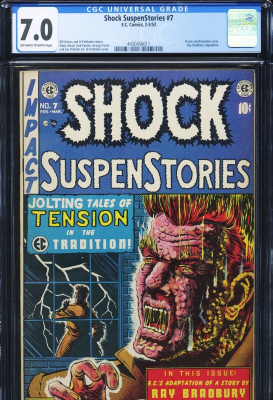 Shock Suspenstories #7 (EC Comics), CGC 7.0 graded comic book, Universal Blue label — front cover in its holder