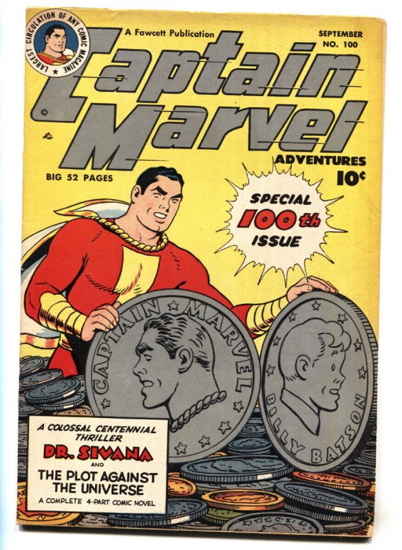 Captain Marvel Adventures #100 (Fawcett Publications, 1949), raw, ungraded comic book — front cover