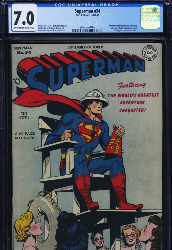 Superman #54 (DC Comics), CGC 7.0 graded comic book, Universal Blue label — front cover in its holder