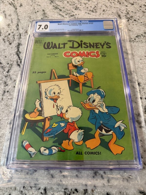 Walt Disney's Comics & Stories #122 (1950), CGC 7.0 graded comic book, Universal Blue label — front cover in its holder