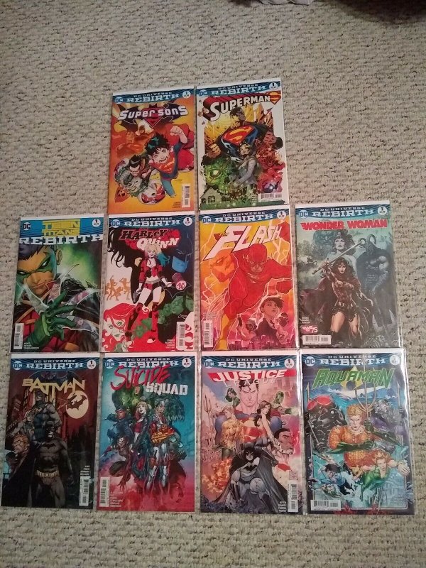 Rebirth lot Batman Flash Superman JLA Harley Supersons Printing NM, raw comic book in NM condition — front cover