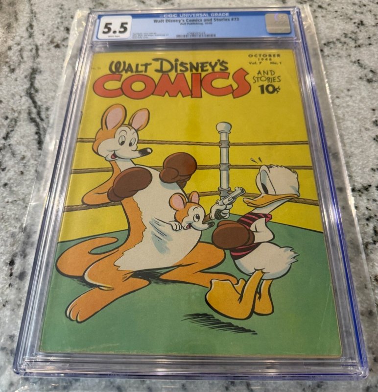 Walt Disney's Comics & Stories #73 (1946), CGC 5.5 graded comic book, Universal Blue label — front cover in its holder