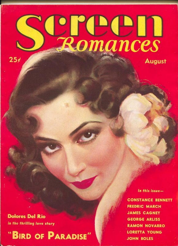MAG: Screen Romances-Dolores Del Rio-James Cagney-Loretta Young-Aug-1932, raw, ungraded comic book — front cover