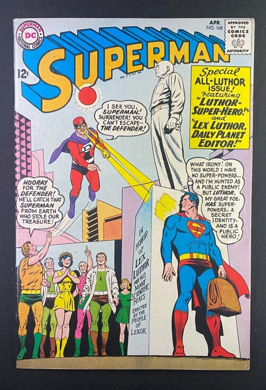 Superman #168 (DC Comics, 1939), raw comic book in VF- 7.5 condition — front cover