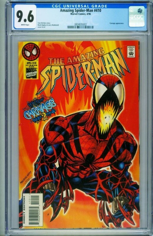 Amazing Spider-Man #410 (Marvel Comics), CGC 9.6 graded comic book, Universal Blue label — front cover in its holder