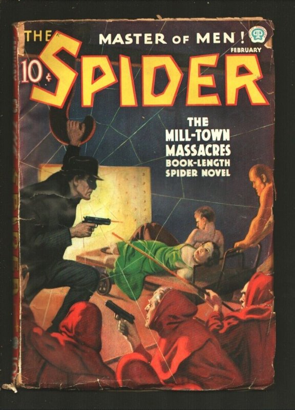 Spider 2/1937-Popular-"The Mill-Town Massacres"-Hooded Menace Tries to Shoot ... (Popular Publications, 1937), raw, ungraded comic book — front cover