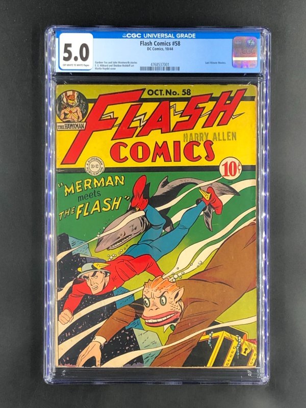 Flash Comics #58 (DC Comics, 1944), CGC 5.0 graded comic book, Universal Blue label — front cover in its holder