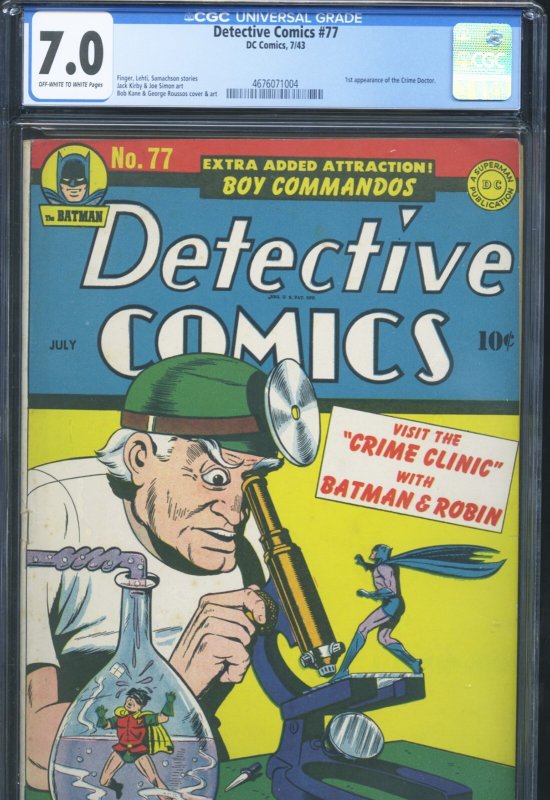Detective Comics #77 (DC Comics), CGC 7.0 graded comic book, Universal Blue label — front cover in its holder