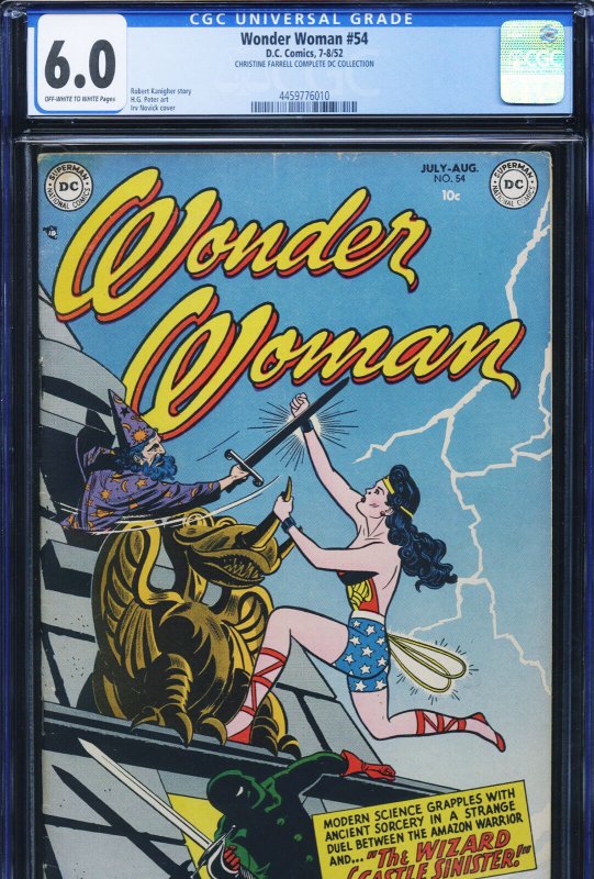 Wonder Woman #54 (DC Comics), CGC 6.0 graded comic book, Universal Blue label — front cover in its holder