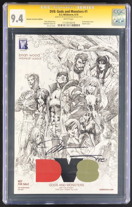 Dv8 Gods and Monsters #1, CGC 9.4 graded comic book, Signature Series label — front cover in its holder