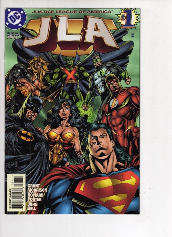 JLA #1 (DC Comics, 1997), raw comic book in VF/NM 9.0 condition — front cover