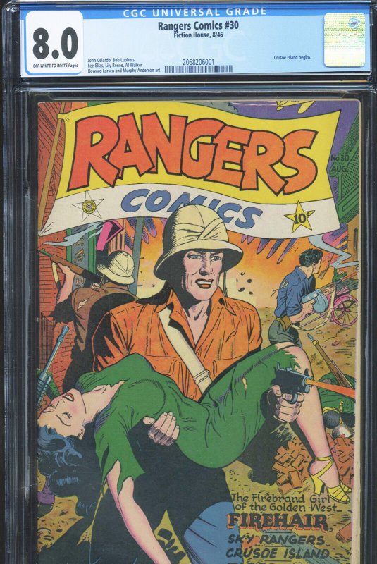 Rangers Comics #30 (Fiction House), CGC 8.0 graded comic book, Universal Blue label — front cover in its holder