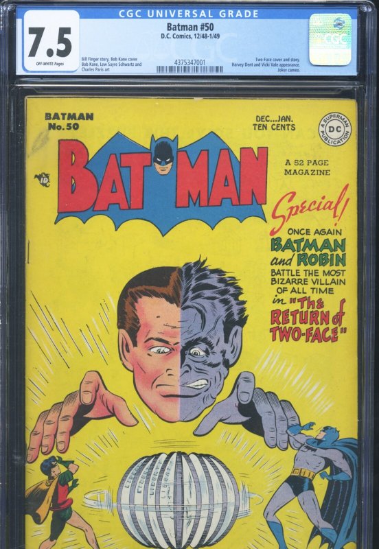 Batman #50 (DC Comics, 2018), CGC 7.5 graded comic book, Universal Blue label — front cover in its holder