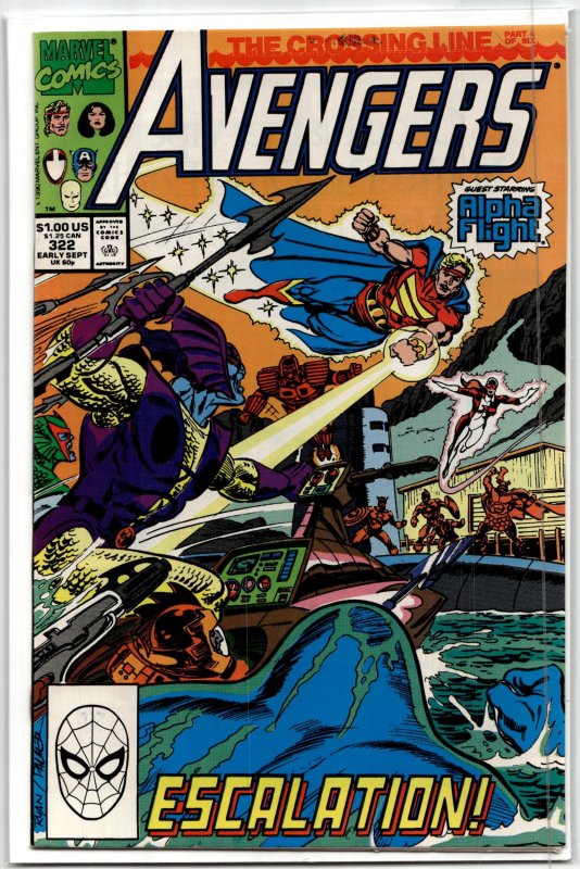 The Avengers #322 (Marvel Comics, 1990), raw, ungraded comic book — front cover