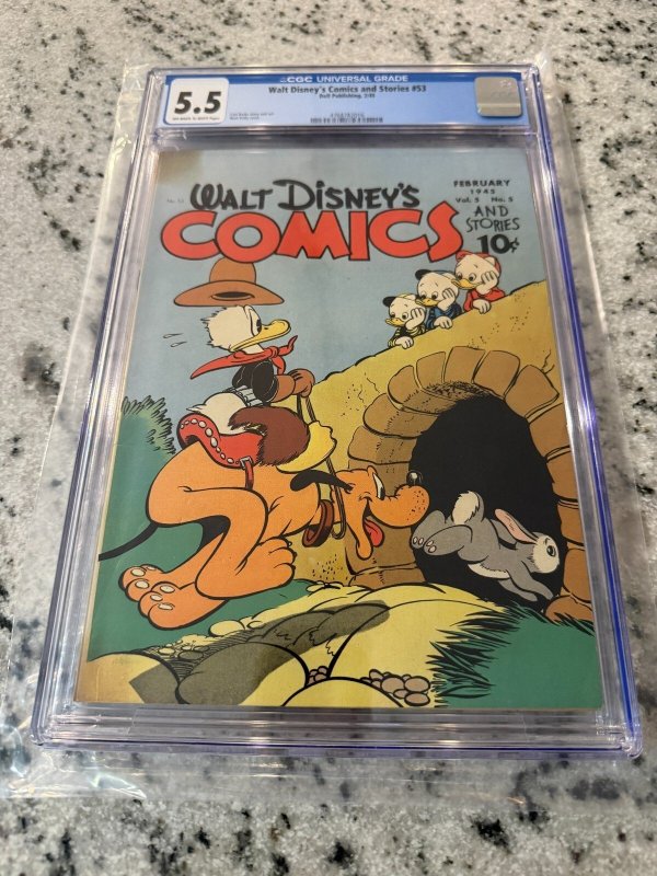 Walt Disney's Comics & Stories #53 (1945), CGC 5.5 graded comic book, Universal Blue label — front cover in its holder
