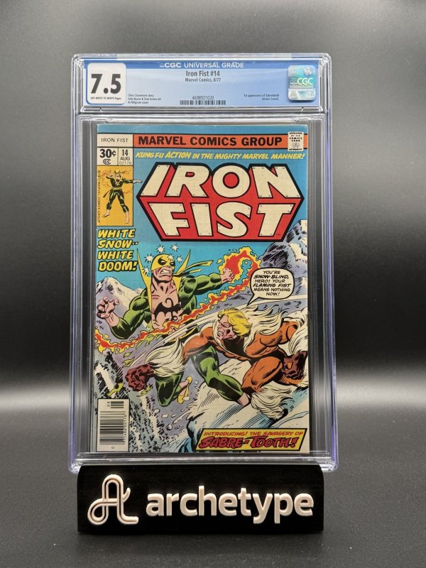 Iron Fist #14 (Marvel Comics, 1977), CGC 7.5 graded comic book, Universal Blue label — front cover in its holder
