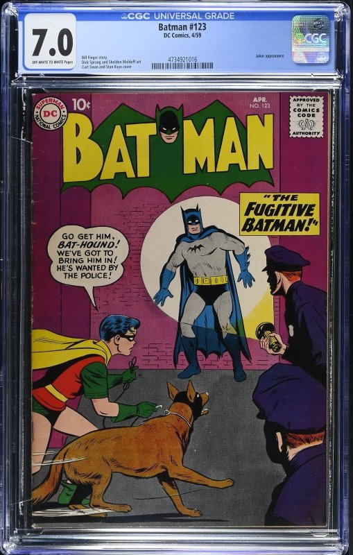 Batman #123 (DC Comics, 1959), CGC 7.0 graded comic book, Universal Blue label — front cover in its holder