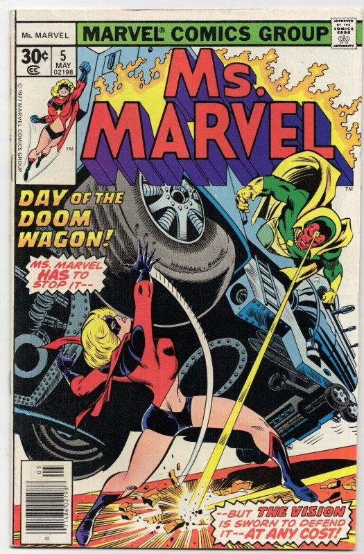 Ms. Marvel #5 (Marvel Comics, 1977), raw comic book in FN+ 6.5 condition — front cover