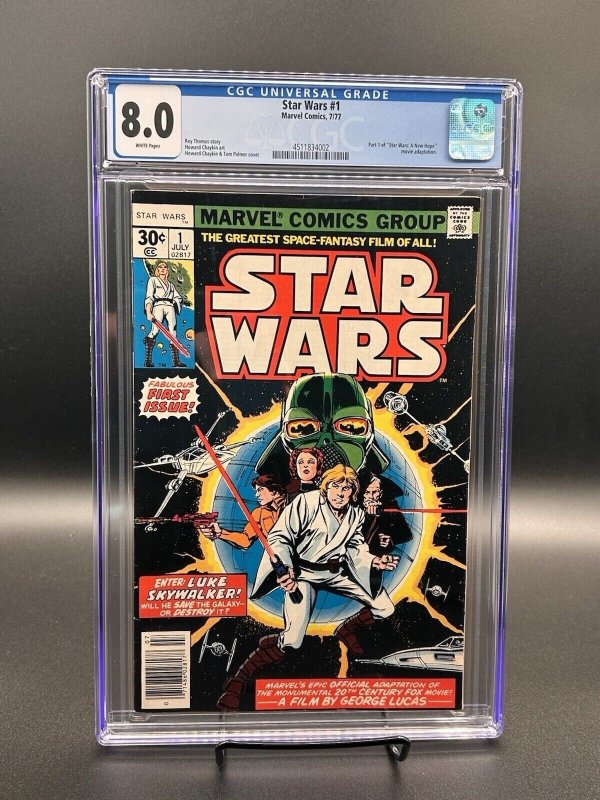Star Wars #1 (Marvel Comics, 1977), CGC 8.0 graded comic book, Universal Blue label — front cover in its holder