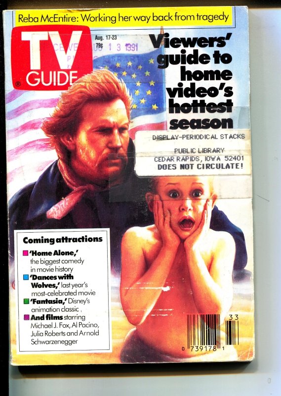 MAG: TV GUIDE-8/17/1991-Kevin Costner-Iowa Edition-VG, raw comic book in VG condition — front cover