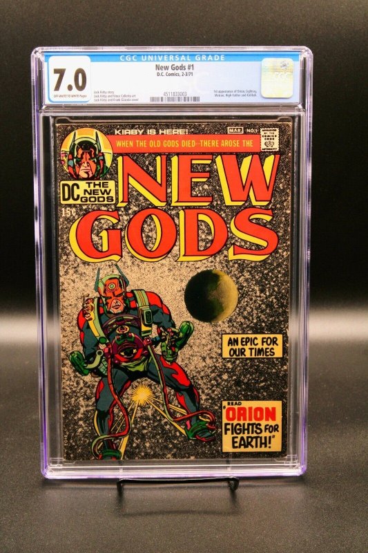 New Gods #1 (DC Comics, 1971), CGC 7.0 graded comic book, Universal Blue label — front cover in its holder