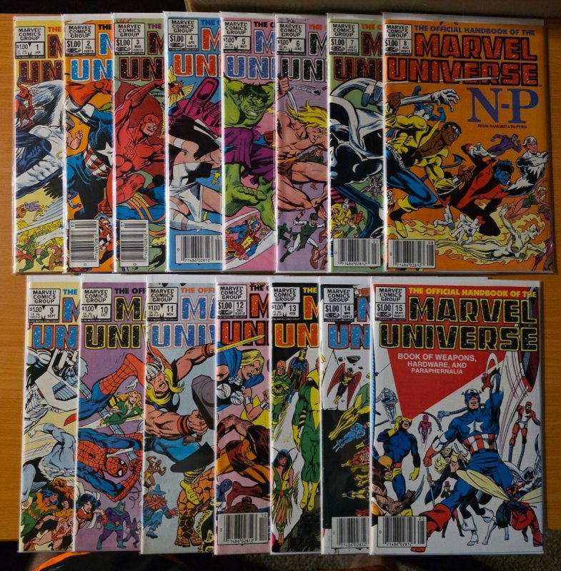 Official Handbook of the Marvel Universe 1-15 Complete Set Run! ~ NM ~ 1983 (Marvel Comics, 1983), raw comic book in NM condition — front cover