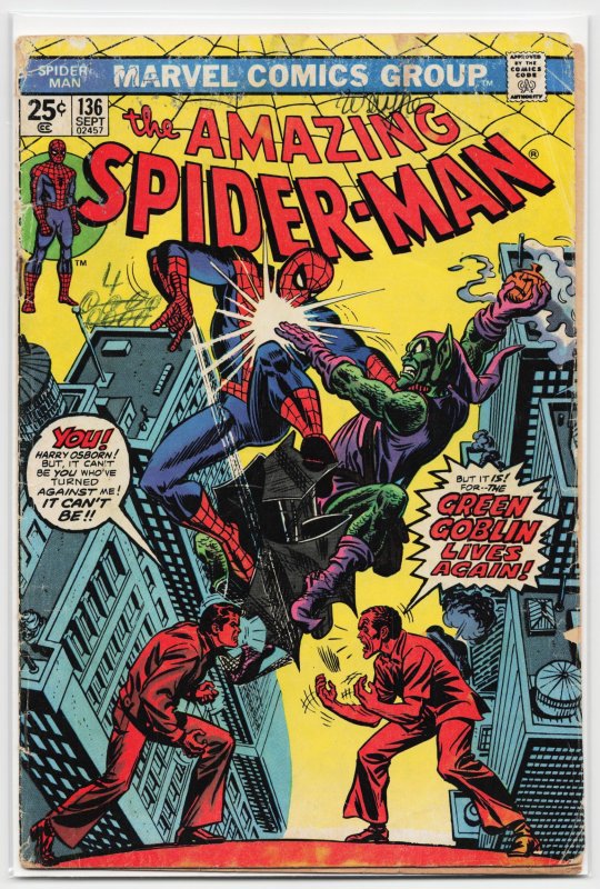 The Amazing Spider-Man #136 (Marvel Comics, 1974), raw, ungraded comic book — front cover