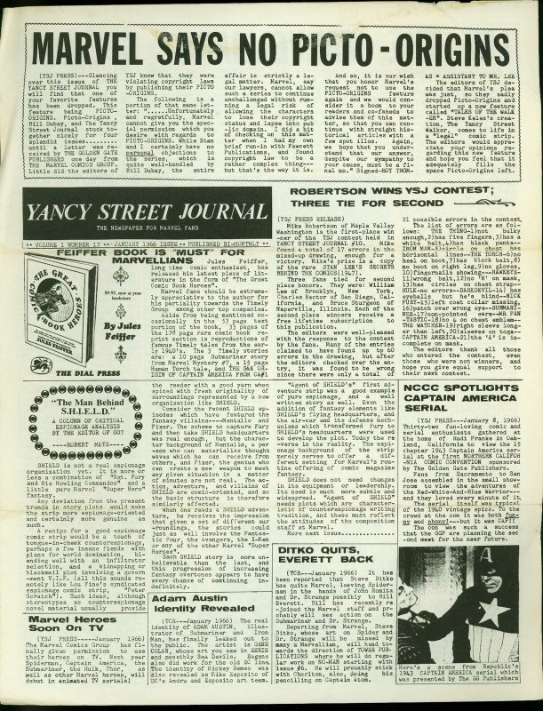 Yancy Street Journal Fanzine #12 (Marvel Comics, 1966), raw comic book in FN condition — front cover
