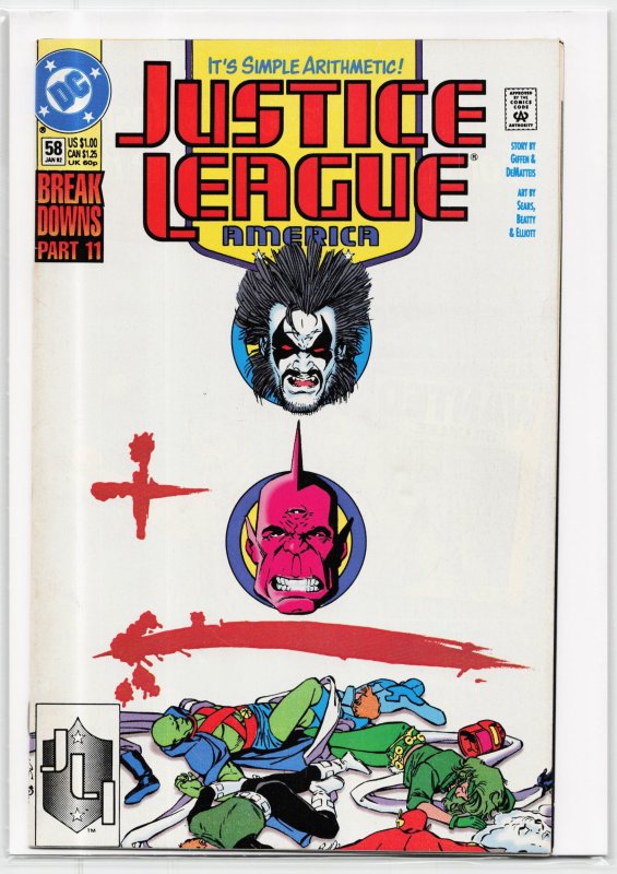 Justice League America #58 (1992), raw, ungraded comic book — front cover