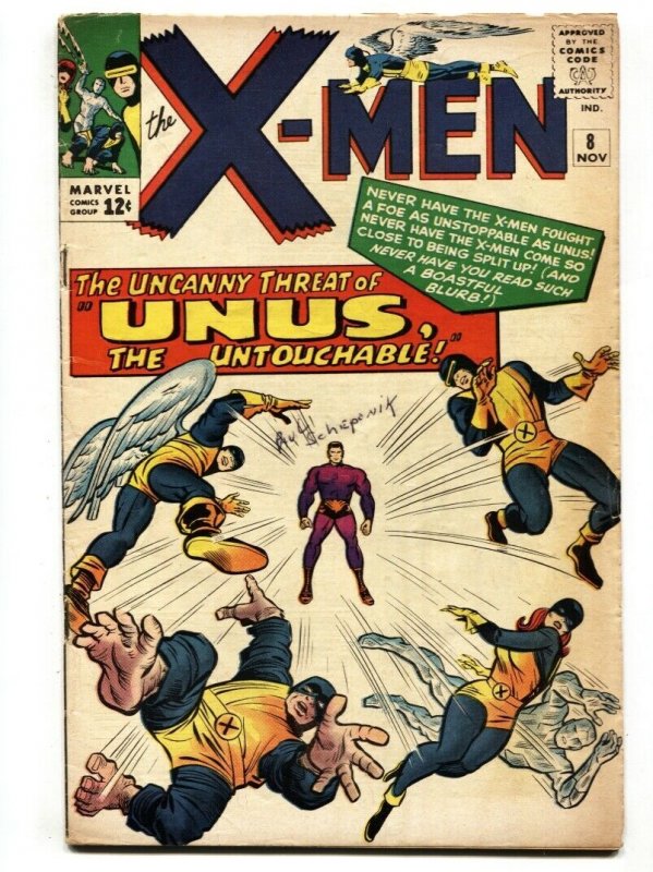 X-Men #8 (Marvel Comics, 1965), raw comic book in VG- condition — front cover