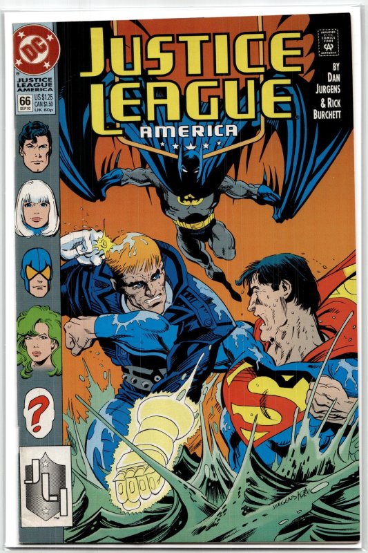 Justice League America #66 (1992), raw, ungraded comic book — front cover
