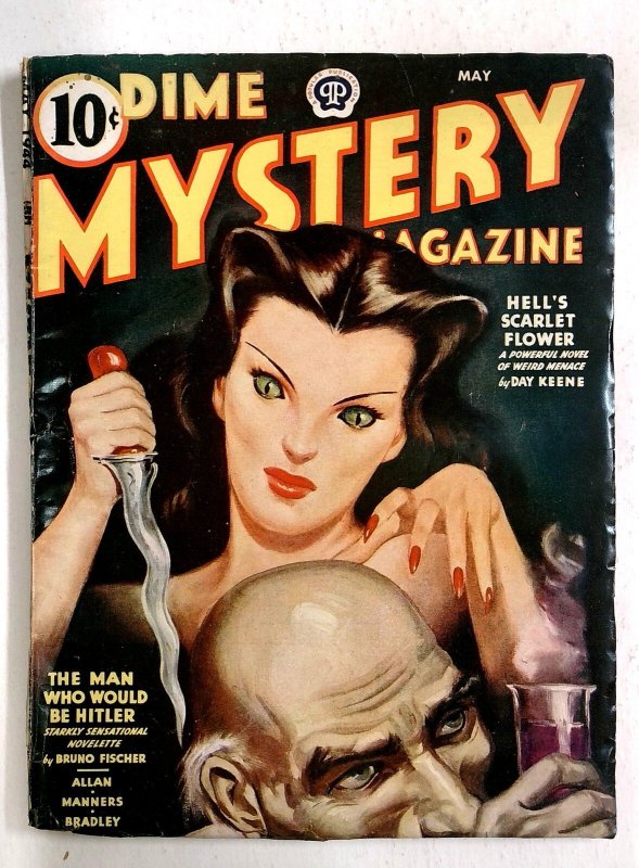 Dime Mystery - May 1944 - Woman with Cat Eyes Uses Spiral Knife to Stab old Man- (Popular Publications, 1944), raw, ungraded comic book — front cover