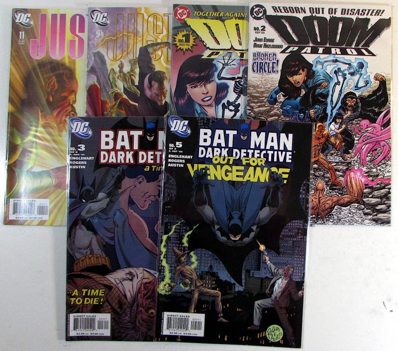 Mixed Lot of 6 #Justice 11, 9, Doom Patrol 1, 2, Dark Detective 3, 5 DC (2005) (DC Comics, 2005), raw, ungraded comic book — front cover