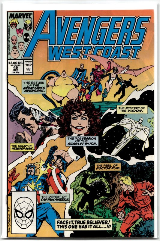 Avengers West Coast #49 (Marvel Comics, 1989), raw, ungraded comic book — front cover