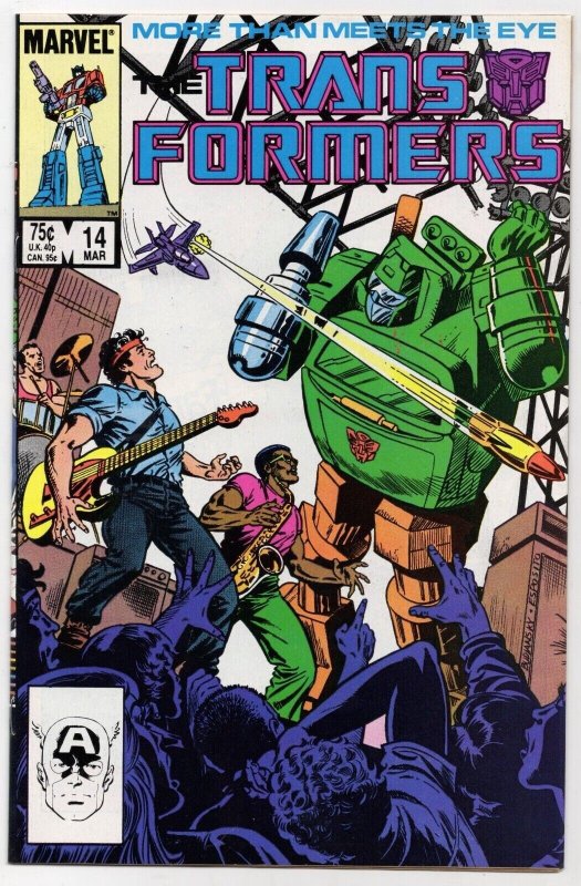 The Transformers #14 (Marvel Comics, 1986), raw comic book in VF+ 8.5 condition — front cover