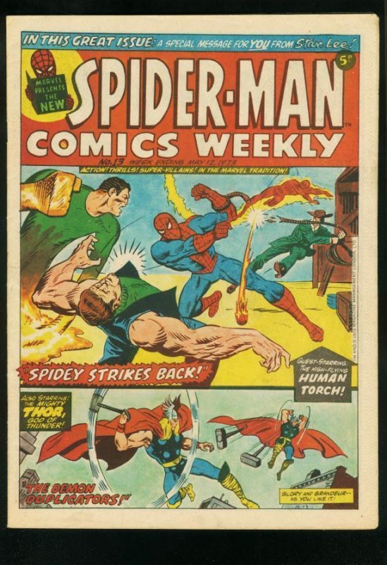 Spider-Man Comics Weekly #13 (Marvel Comics), raw comic book in FN condition — front cover