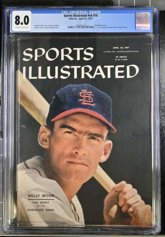 Sports Illustrated Apr #22 (1957), CGC 8.0 graded comic book, Universal Blue label — front cover in its holder