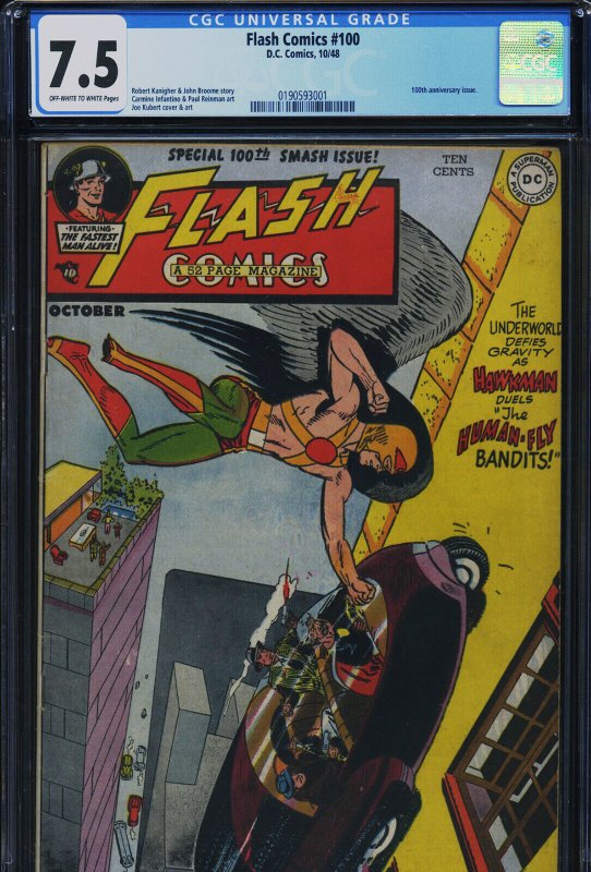 Flash Comics #100 (DC Comics), CGC 7.5 graded comic book, Universal Blue label — front cover in its holder