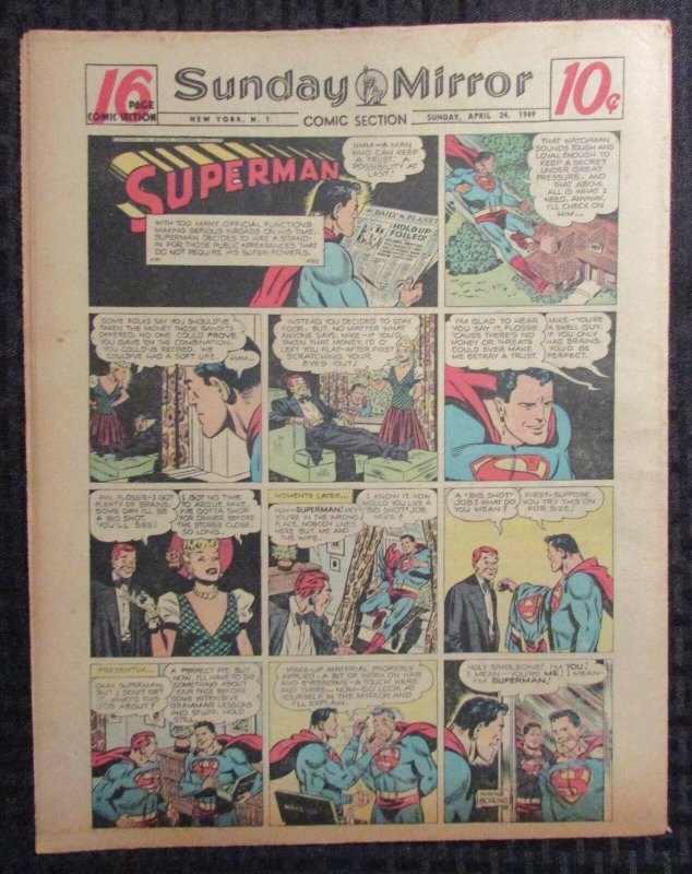 1949 April 24 Sunday Mirror Comic Section VG+ 4.5 Superman / Joe Palooka 16pgs (1949), raw comic book in VG+ 4.5 condition — front cover