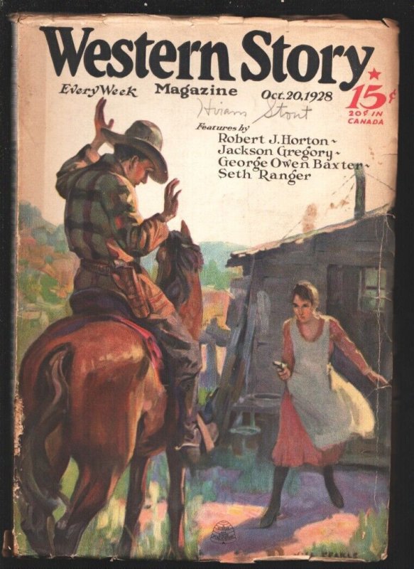 Pulp: Western Story 10/20/1928-Woman Pulls gun on Cowboy Cover-Pulp Stories-..., raw, ungraded comic book — front cover