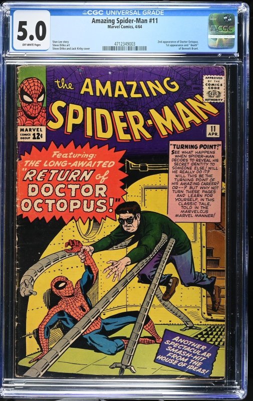 Amazing Spider-Man #11 (Marvel Comics, 1964), CGC 5.0 graded comic book, Universal Blue label — front cover in its holder